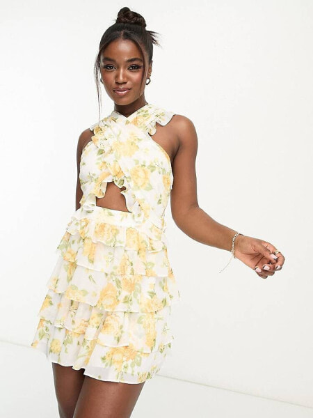 Forever New cut out waist mini dress in yellow floral 