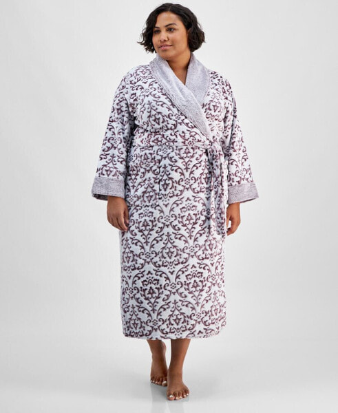 Plus Size Long Embossed Plush Robe, Created for Macy's