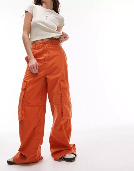 Topshop high waist oversized straight leg pocket cargo trouser in orange