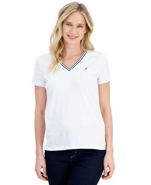 Women's Solid Stripe-Trim V-Neck