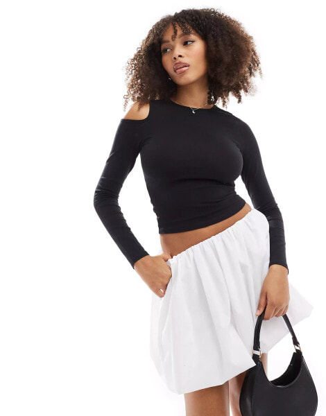 ASOS DESIGN mesh mix top with cut out shoulder in black