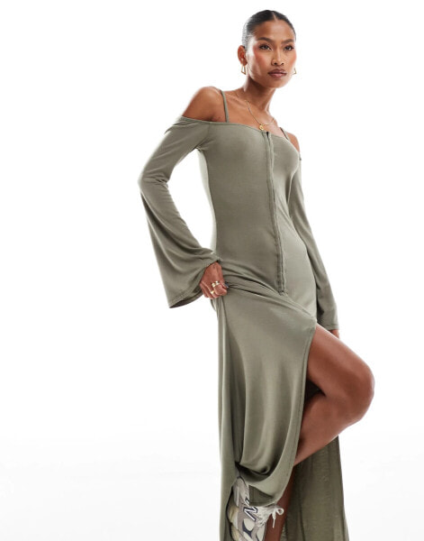 ASOS DESIGN long sleeve with straps maxi dress with hook and eye detail in khaki