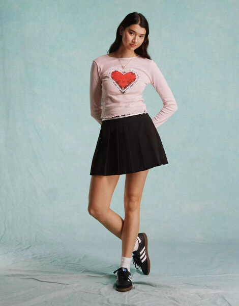 Miss Selfridge heart graphic tee with long sleeve in pink