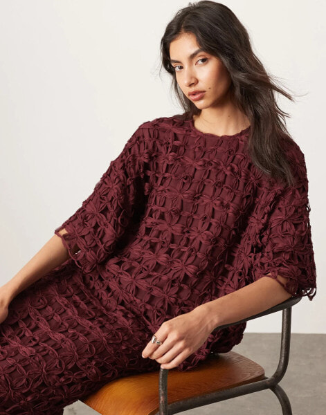 ASOS EDITION floral cutwork oversized tshirt co-ord in burgundy