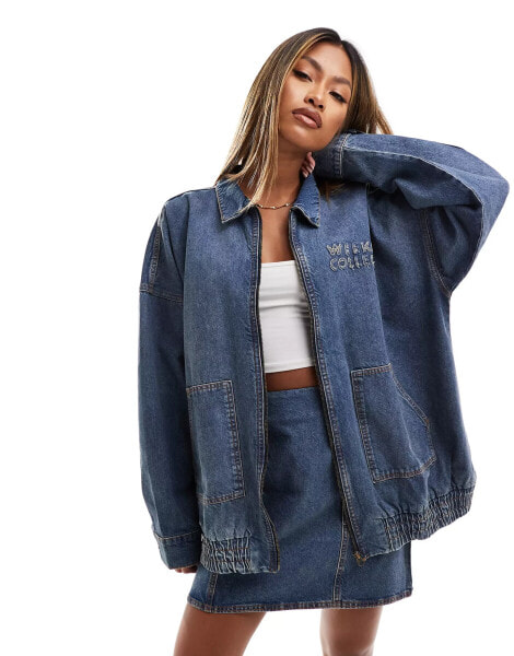 ASOS Weekend Collective denim bomber jacket with logo in mid blue wash