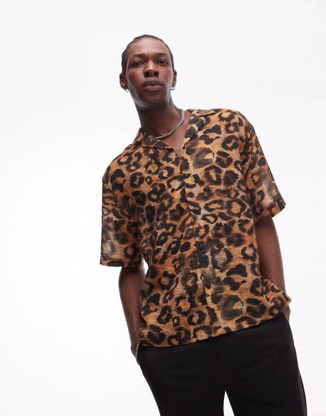 Topman short sleeve leopard print shirt in brown