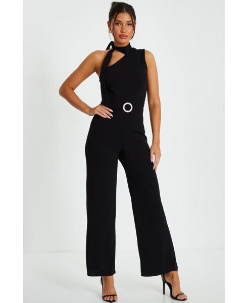 Women's Scuba Crepe Tie Neck Palazzo Jumpsuit