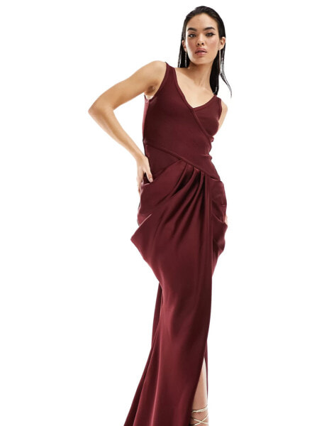 ASOS DESIGN bandage bodice draped midi dress in burgundy