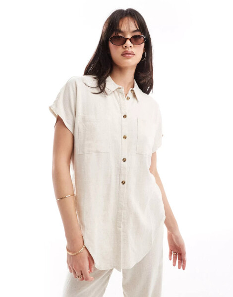 Pieces tie front linen shirt co-ord in cream