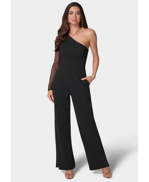 Women's Long Sleeve Mesh One Shoulder Jumpsuit