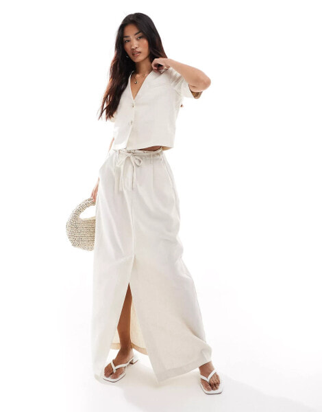 Vero Moda mix and match linen touch tie waist column maxi skirt with front split in beige