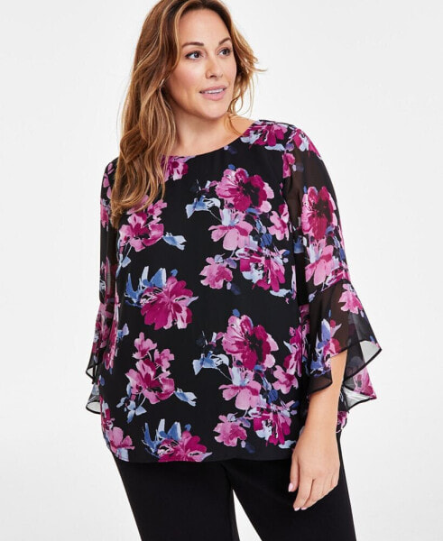 Plus Size Printed Ruffled-Cuff 3/4-Sleeve Blouse