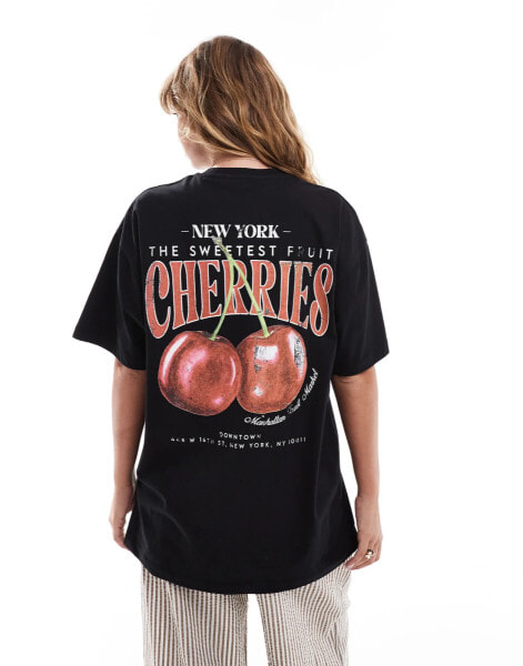 Miss Selfridge cherry back print oversized tee in black