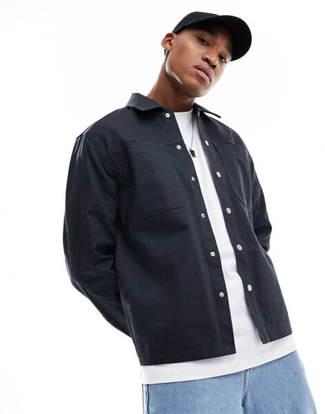 River Island long sleeve popper front overshirt in dark grey