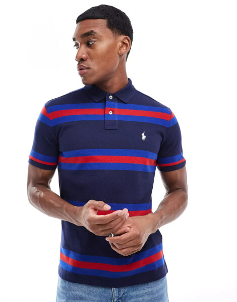 Polo Ralph Lauren icon logo stripe pique polo in navy