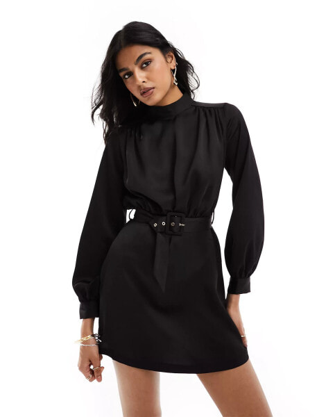 Closet London high neck belted mini dress in black