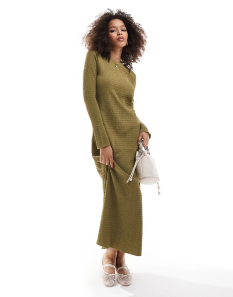 Vila textured long sleeve maxi dress in olive green