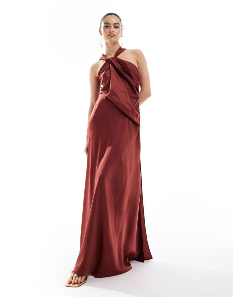 ASOS DESIGN satin drape asymmetric maxi dress in brown