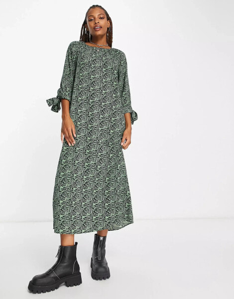 Monki tie sleeve smock midi dress in green swirl