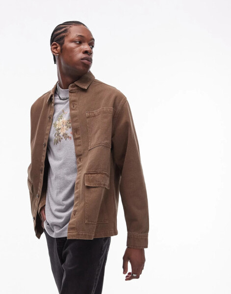 Topman long sleeve overshirt in brown