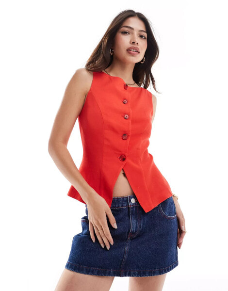 ASOS DESIGN linen blend longline waistcoat in red