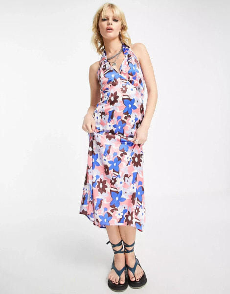 Violet Romance satin halter neck midi dress in bold floral print