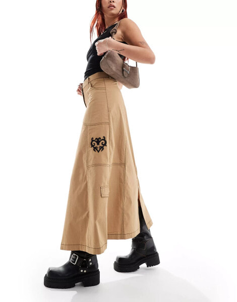 COLLUSION rip stop maxi skirt with contrast stitch and embroidery emblem in camel