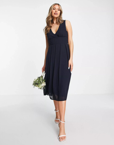 TFNC Bridesmaid chiffon v front midi dress with pleated skirt in navy