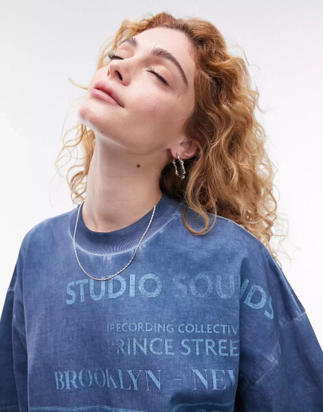 Topshop graphic studio sounds 1990 oversized tee in blue