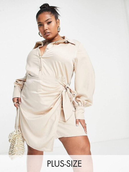 In The Style Plus x Terrie Mcevoy satin wrap mini shirt dress in stone