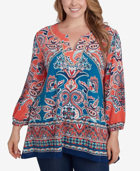 Plus Size Embellished Split Neck Baroque Motif Printed Hatchi Knit Top