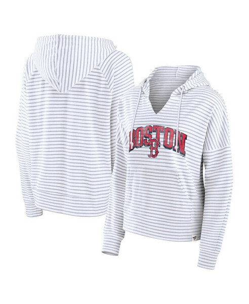 Women's White Boston Red Sox Striped Fundamentals Notch Neck Pullover Hoodie