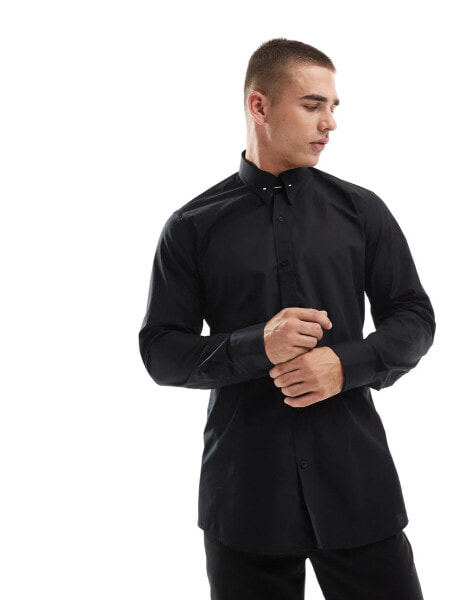 Shelby and Sons roslin smart shirt in black with collar bar detail