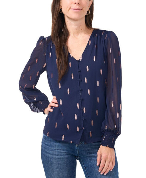 Petite V-Neck Smocked-Trim Long-Sleeve Top