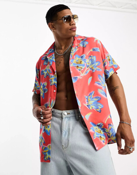 ASOS DESIGN deep revere shirt in Hawaiian floral print