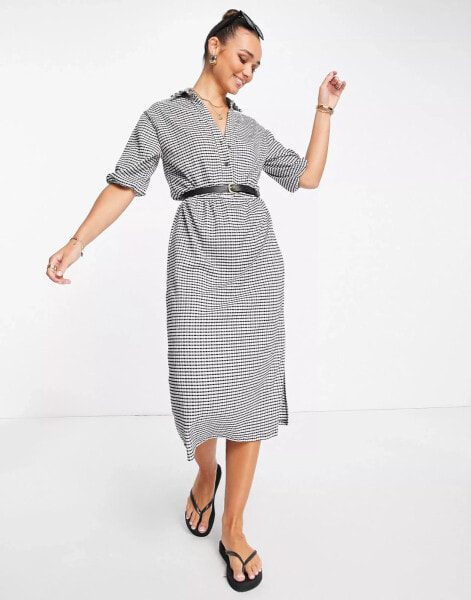 ASOS DESIGN short sleeve shirt midi dress with belt in mono check