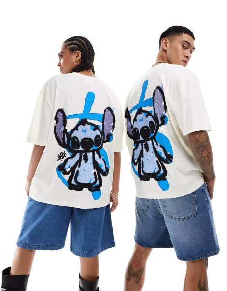 ASOS DESIGN Disney oversized unisex tee in off white with Stitch graffiti prints