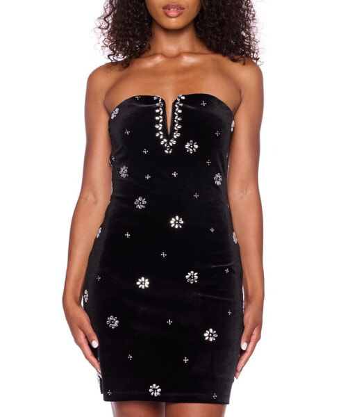 Juniors' Strapless Notch-Neck Embellished Bodycon Dress