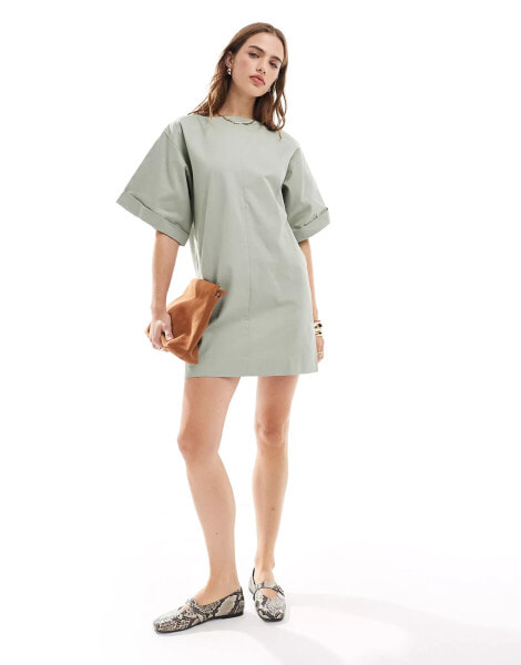 ASOS DESIGN boxy oversized t-shirt cotton twill mini dress in sage