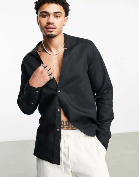 ASOS DESIGN linen shirt with deep notch neck in black