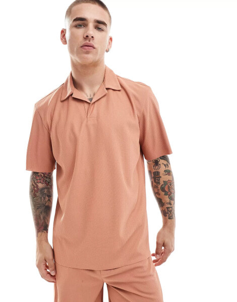 ONLY & SONS plisse split neck polo co-ord in burnt orange