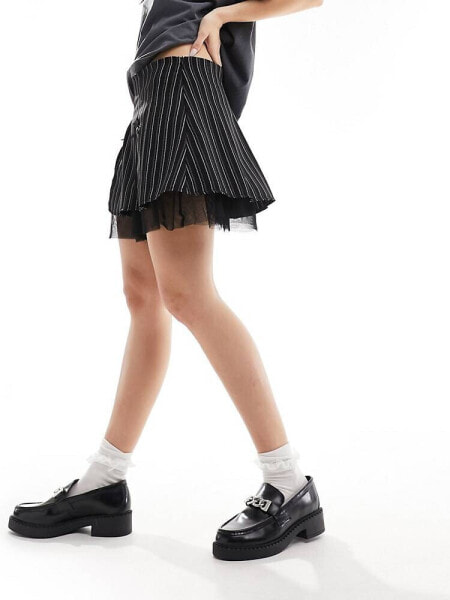 Reclaimed Vintage mini skirt with ruffle and bows in pinstripe