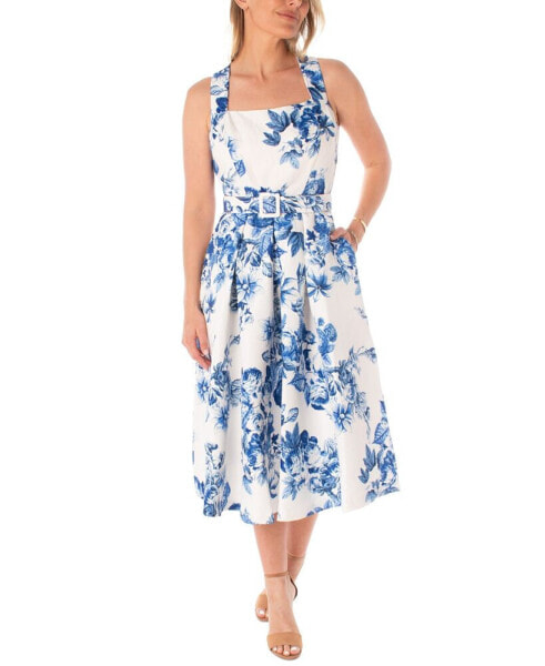 Women's Belted Floral Jacquard Midi Dress