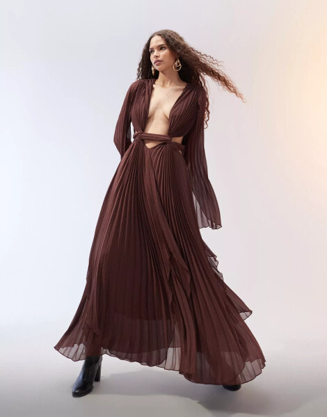 ASOS EDITION pleat flare sleeve maxi dress with ring detail back in chocolate