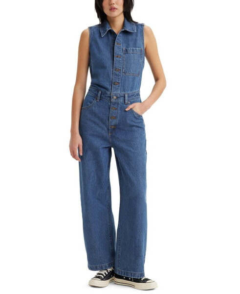 Women's Cotton Button-Front Sleeveless Jumpsuit