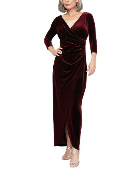 Petite Velvet Side-Ruched 3/4-Sleeve Gown