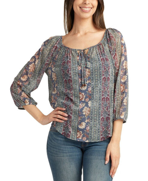 Juniors' Printed Round-Neck Bubble-Sleeve Top