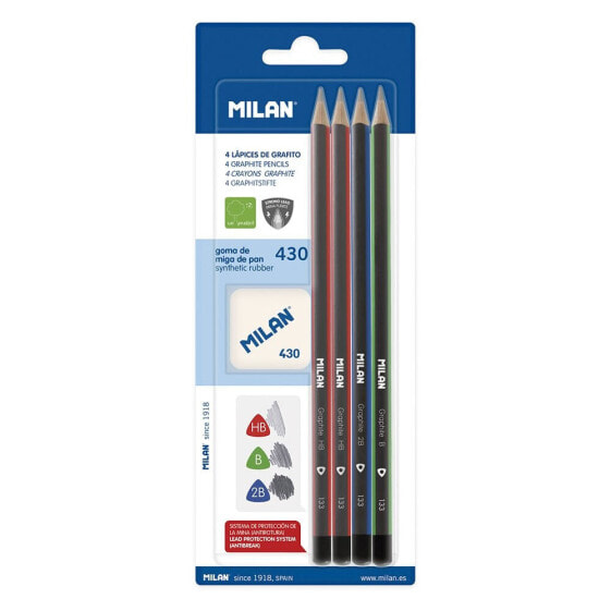 MILAN Blister Pack 4 Triangular Graphite Pencils+Synthetic Rubber Eraser