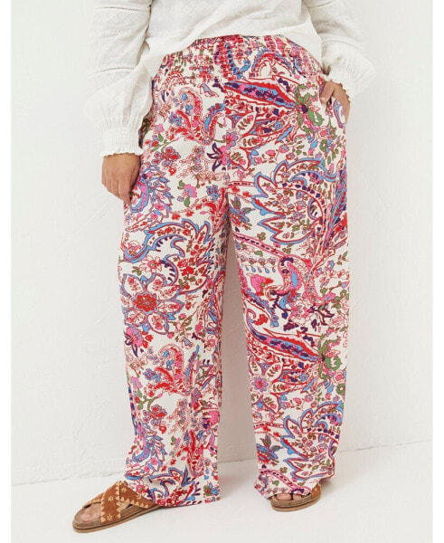 Plus Size Shirred Bright Paisley Palazzo Trousers