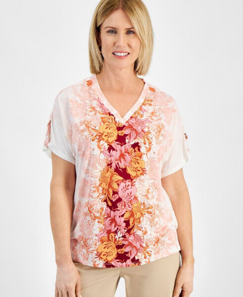 Petite Ombre Flora Printed Tab-Cuff Top, Created for Macy's